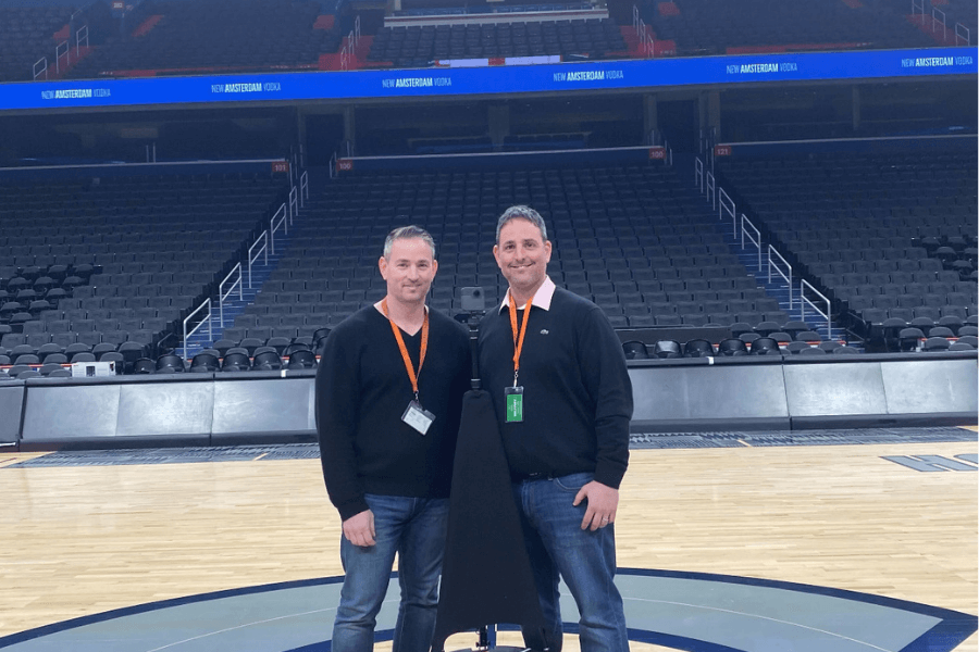 The ReloomVR founders on the arena floor with a 360 degree capture rig